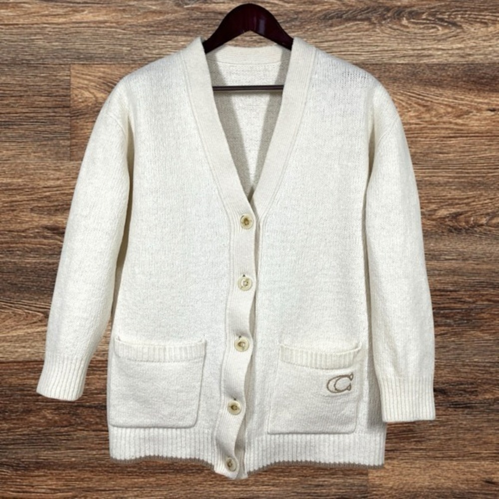Coach Heritage C Long Cardigan Womens L Ivory Wool Heavyweight Knit Luxury